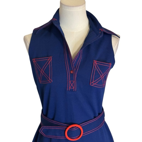 VINTAGE RENOWN Blue Red Midi Dress Belt Size S M 70’s 60’s Sleeveless Party Work - Picture 4 of 7